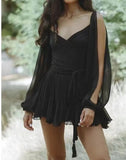 2025 Spring Women's Dress Sexy Hottie Skylit Lantern Sleeve V Collared Shoulder Dress