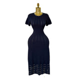 Summer New Elegant Round Neck Nails Hollow Slimming Temperament Short-Sleeved Knitted Dress Woman