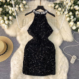 Light Luxury Thousand Gold Wind High-End Hanging Neck Dress Women's Summer Glide Diamond Design Niche Temperament Ass And Hip Skirts
