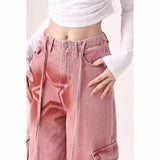 Fat Mm Plus Pink Dopamine Workwear Jeans Women 2025 Star Print Loose Broad Legs Long Pants