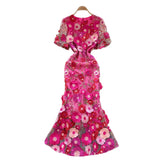 French High-End Elegant Heavy Industry Flower Embroidery Round Collar Lantern Sleeves To Close The Waist Slim Slimmed Fishtail Dress Dress