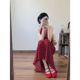 Fashion Casual Temperament Wave Point Print Hanging Neck V-Neck Dress Korean Waist Thin Dress