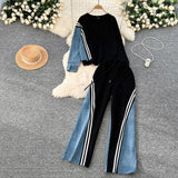 Korean Version Of The Casual Sports Suit Women's Autumn Design Feeling Loose Collar Collar High-Waisted Denim Splicing Trousers
