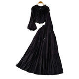 Gentle Style Pink Three-Dimensional Flower Collar Lantern Sleeve Shirt Lady Autumn High-Rise Dress Set
