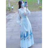 New Chinese Costume Hanfu Improved Daily Commute White Shouldered Plane Sleeve Shirt Horse Face Skirt Two-Piece Suit Woman
