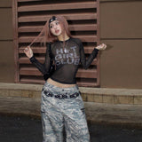 Spring 2025 New Women's Fashion Hottie Sexy Round-Neck Printing Mesh Perspective To Repair Short T-Shirt Top