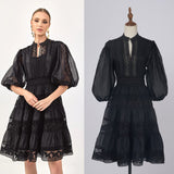 Solid-Color Dress Eugen Yarn Half-Open Lantern Sleeve Middle Sleeve Dress Lace Lace To Receive Waist Skirt