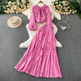 Gentle Style Pink Three-Dimensional Flower Collar Lantern Sleeve Shirt Lady Autumn High-Rise Dress Set