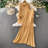 Lazy Wind Leisure Two Sets Of Women Loose Outside Thin Long-Sleeved Shirt Cover Skinny Sling Dress