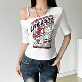 2025 Spring Women's New Street Fashion Hottie Bare Shoulder Prints Umbilly Umbilly Top Girl