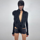 Women's Clothing 2025 Autumn And Winter New Solid Color Sexy Personality Deep V Hair Collar Splicing Long-Sleeved Top