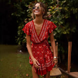 2025 New Summer V-Neck Sexy Bohemian Print Dress Skirt Women's Dress