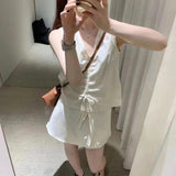 Hong Kong Style Retro Thin Temperament New Vest Solid Color Simple And Irregular Fashion Shorts Two-Piece Suit Woman