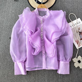 French Court Style Super Fairy Collar Layer Lotus Edge Eugen Yarn Perspective Single Buckle Shirt Female Gas Top