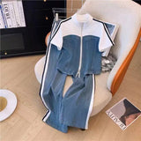 Fashion Zippered Cowboy Splicing Two Sets Of Spring And Autumn 2025 New Cowboy Splicing Long Sleeve Tops Wide Leg Trousers