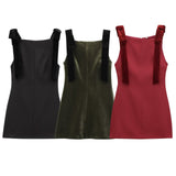 Solid-Colored Sexy Body-Claming Square Skirt 2025 Spring Sling Velvet Bow Mini Dress