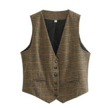 Autumn New Women's Retro V-Neck Sleeveless Single-Creed Short Bump Color Thousand Birdge Vest Vest