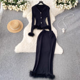 French High-End Small Fragrant Style Two Sets Of Women's Atmosphere Knitted Open Fork Shirt T-Shirt