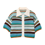 Women's 2025 New Crochet POLO Shirt Collar Striped Crochet Shorts Set