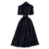 Noble Lady Dress 2025 Summer Waists Slim Collar Short-Sleeved Hollow Hook Embroidery Single Row Buckle Dress