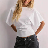 2025 Women's Wrinkle Collar Long-Sleeved Shirt High-Waisted Rope Shorts Fashion Casual Two-Piece Set