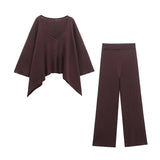 Cloak-Style Asymmetrical V-Necked Collar Sweater High-Waisted Trousers Casual Knitting Set 2025 Spring Girl
