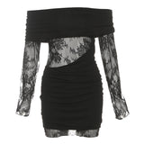 Women's Clothing 2025 Autumn New French Temperament Word Shoulder Long-Sleeved Lace Hollow Bagged Hip Dress