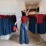 Vintage Blue Hanging Horn Jeans Women Spring And Autumn Small High-Waisted Loose Broad Legs Long Trousers