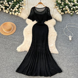 Korean Women's Clothing Holiday Wear Gentle Wind Hollow Hook Flower Knitting Dress + Sling Skirt
