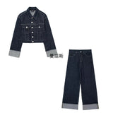 Autumn 2025 New Women's Roll-Sleeve Denim Jacket Straight Trousers