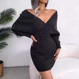 Autumn/Winter 2025 Cross-Win V-Neck Bat Dress Bag Hip Dress Sweater Dress Women's Fashion