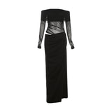 Spring 2025 New Women's Temperament Sexy Shoulder Mesh Perspective Long Dress Dress Woman