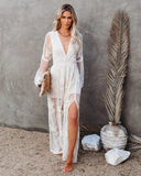 2025 New Women's Lace Long-Sleeved V-Neck Solid Chiffon Summer Dress