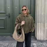 2025 Spring New Women's Fashion Army Green Velvet Effect Short Long Sleeve Epaulets Coat