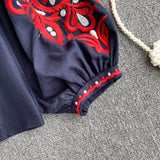 Ins Travel To Shoot Retro National Wind Embroidery With Tuxedo V-Neck Lantern Sleeve Top Lady 0515