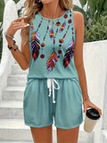 Wish Summer New Feather Printed Casual Fashion Round-Neck Shorts Set For Women