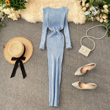 Dress Women's Autumn And Winter 2025 New Korean Version Of Simple Solid Color Long Sleeves Tight Waist Thin Knit Long Dress