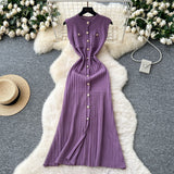 Small Fragrant High-End Round-Neck Sleeveless Metal Buckle Slimming Knitted Dress Woman 2025 New Summer