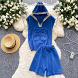 European Fashion Set Women's Summer Design Three-Dimensional Relief Hooded Sleeveless Knitted Tops High Waist Broad Leg Shorts