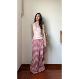 Lazy And Languid Temperament Short-Sleeved Top High Waist With Loose Pink Striped Broad Leg Trousers Set