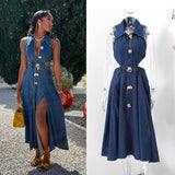 Vintage Collar Claved Open Waist Thin Sleeveless Single Buckle A Word Open Fork Denim Dress Casual Dress