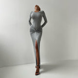 Women's 2025 Summer New Round Neck Fashion Sexy Body Folding Fork Long Sleeve Skirt Set