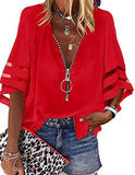2025 New V-Neck Zipper Shirt Half-Horn Sleeve Grid Spliced Loose Casual Shirt For Women