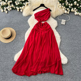 2025 Spring New French Atmosphere Temperament Hollow Exposed Waist Thin Shoulder Irregular Chiffon Dress Woman