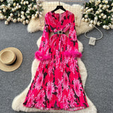 High-End Elegant Dress Women 2025 New Light Style Waist Hair Sleeve Splicing Print 100-Folded Long Dress