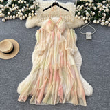 A Sense Of Atmosphere Niche Holiday Dress Female Sense Hanging Neck Slinging Irregular Mesh Dress With