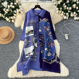 Three-House Folded Dress Women's Autumn 2025 Retro Collar Long Sleeves Loose A-Word Printing Skirt