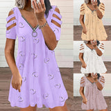 New Wish Women's V-Neck Zipper Printed Short Sleeves Relaxed Casual Lavender Dress