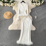 French High-End Small Fragrant Style Two Sets Of Women's Atmosphere Knitted Open Fork Shirt T-Shirt