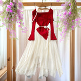 French Gentle Wind Three-Dimensional Flower Collar Long Sleeve Knitted Mesh Tau Coop Ponopne Irregular Fairy Dress
